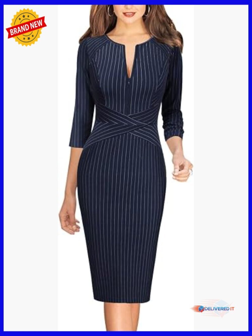 Slim Zipper Up Work Bodycon Pencil Sheath Dress 3/4 Sleeve
